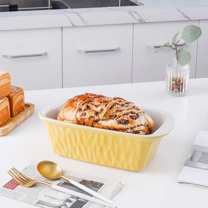 KOOV Ceramic Loaf Pan, Bread Baking Pan, 9 x 5 inch Baking Dish, Rectangular Bakeware for Cooking, Home Kitchen, Texture Series(Yellow)