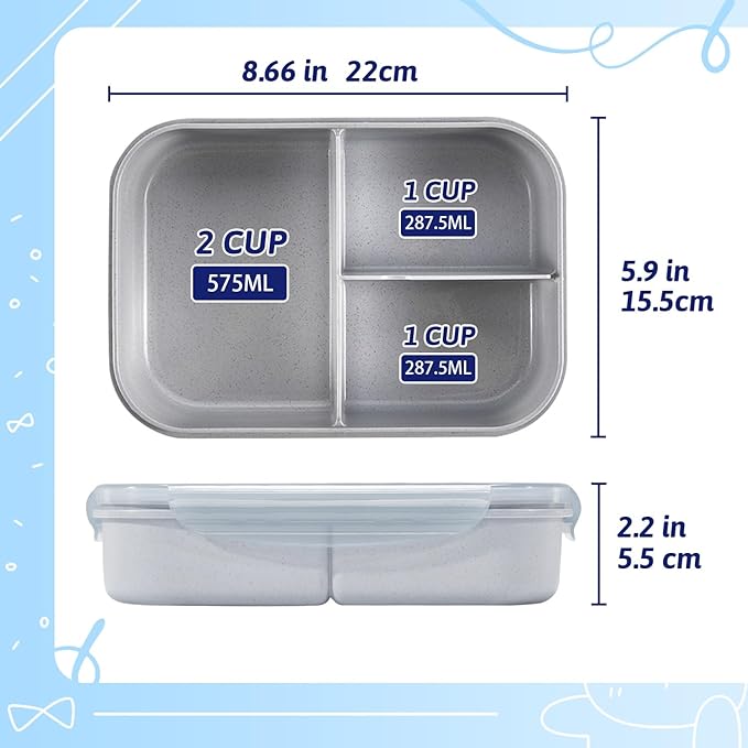 MISS BIG® Bento Lunch Box for Kids, 1150ml, 3 Compartments, Gray