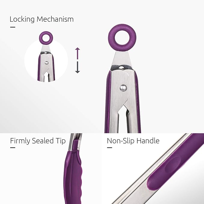 U-Taste Kitchen Tongs for Cooking, 600ºF Heat-Resistant Tps, 3Pcs/Purple