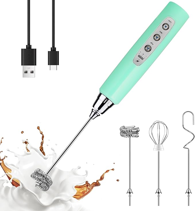 YUSWKO Handheld Milk Frother Wand for Coffee, Rechargeable Electric Whisk with 3 Heads 3 Speeds Drink Mixer Coffee Frother For Latte, Cappuccino, Hot Chocolate, Egg, Baby Blue