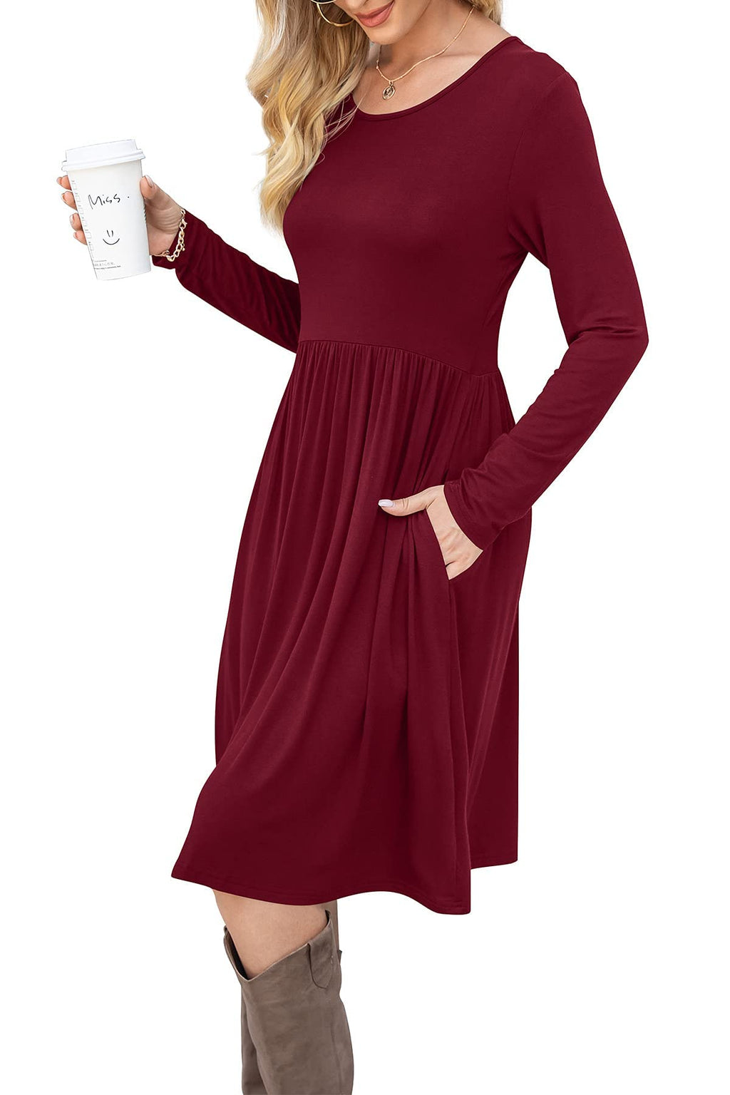 DB MOON Women Casual Long Sleeve Dresses Empire Waist Knee Length Loose Dress with Pockets (Wine Red, S)