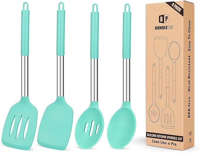 Pack of 4 Silicone Cooking Utensils Set, Non Stick Large Solid Spatulas, Heat Resistant Gray Slotted Spoons, Ideal BPA Free Kitchen Turners for Frying, Mixing,Serving,Draining,Turning,Stirring