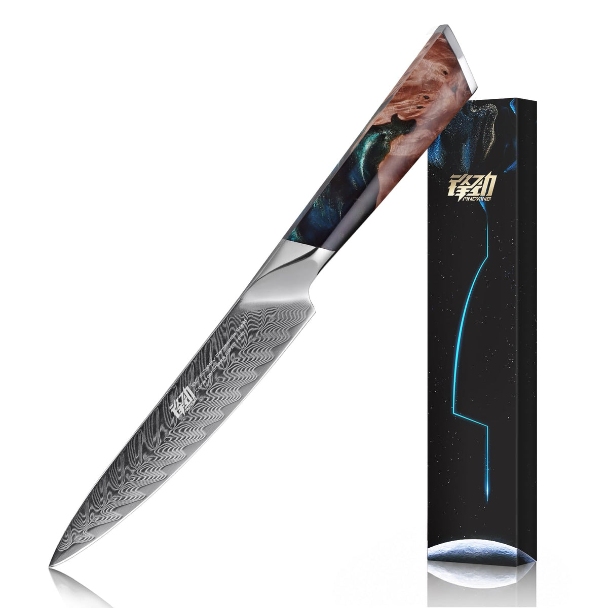 FINDKING Nebula Series Kitchen Utility Knife with ABS Sheath, Versatile Small Petty Knife, 10Cr15CoMov Damascus Blade, Resin and Figured Sycamore Handle, Full Tang, 5 Inch, Blue, for Fruit, Steak