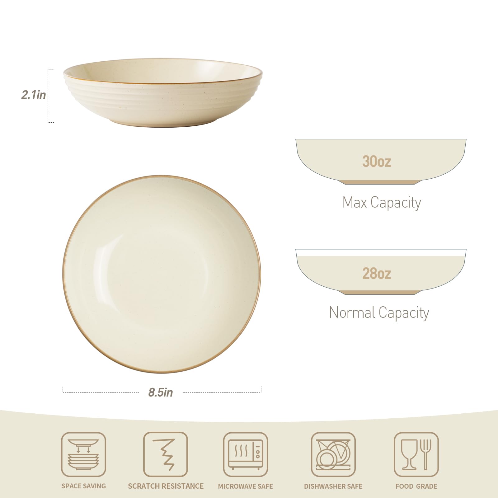 famiware Jupiter Pasta Bowls, 30 OZ Large Salad Bowls Set of 4, Microwave and Dishwasher Safe, Sturdy and Stackable, Serving Bowls for Kitchen, Vanilla White