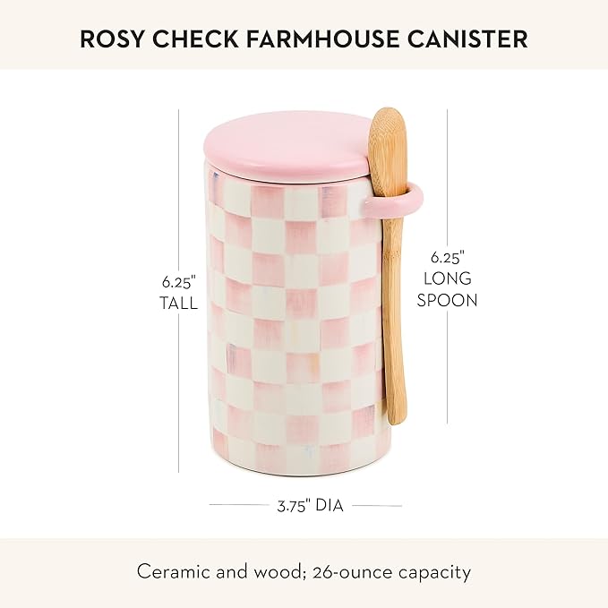 MACKENZIE-CHILDS Ceramic Farmhouse Canister, Versatile Kitchen Storage Container for Flour and Sugar, 26-Ounce Capacity, Pink-and-White Rosy Check
