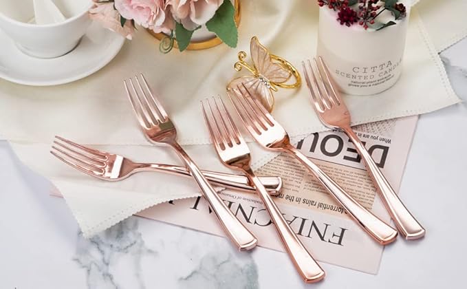 Liacere 200 Pack Rose Gold Forks Disposable - 7.4 inch Heavy Duty Plastic Forks - Heavyweight Plastic Fork - Rose Gold Silverware for Catering, Parties, Dinners, Wedding＆Mother's Day＆Valentine's Day