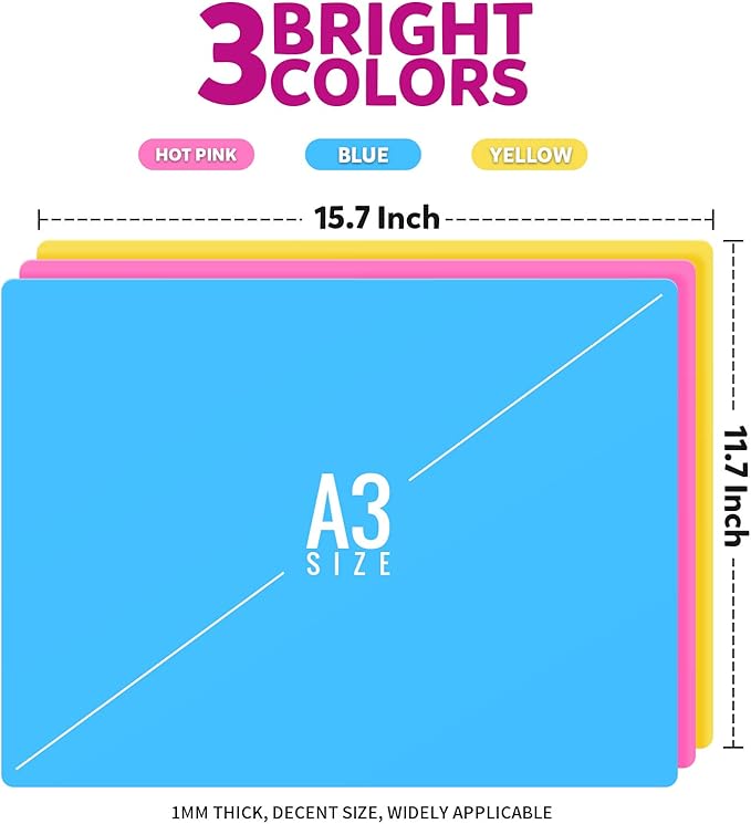 LEOBRO Silicone Mat, 3 PCS Silicone Mats for Crafts, Resin Molds, Play Dough Mat, Placemat, Clay Mats, for Epoxy Resin, Crafts, Yellow & Hot Pink & Blue, 15.7”x 11.7