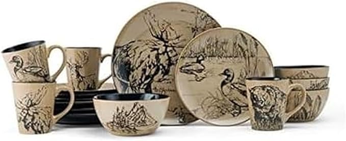 Mossy Oak 16-Piece Stoneware Dinnerware Set, Service for 4 with Dinner Plates, Salad Plates, Bowls and Mugs, Lodge-Style Wildlife Animal Sketch Design, Dishwasher and Microwave Safe