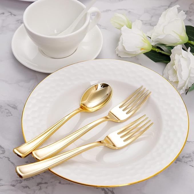 BUCLA 200-Piece Gold Plastic Silverware - Heavy Duty Disposable Cutlery Set - 100 Gold Plastic Forks & 100 Spoons for Catering, Party, Dinner, Wedding