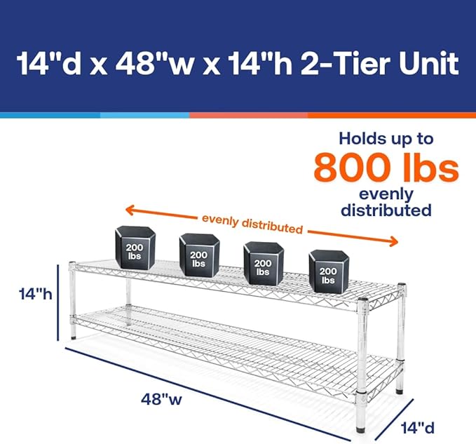 Shelving Inc. 14" d x 48" w Chrome Wire Shelving with 2 Tier Shelves