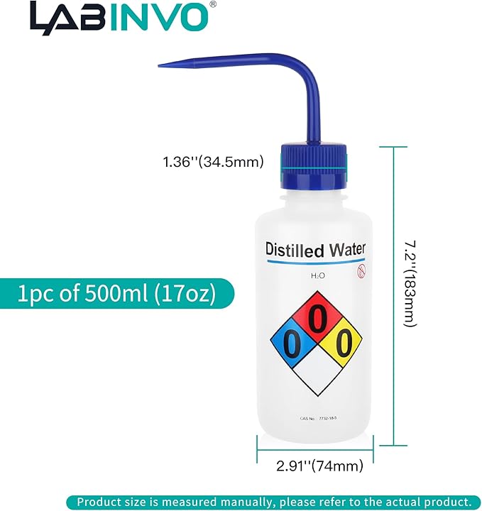 LABINVO Distilled Water Wash Bottles, 1 PC of Vol.500ml (17oz), Narrow Mouth, Self-Venting Safety Wash Bottles, LDPE Material,IN-WBD501