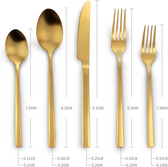 Kelenfer Stainless Steel Flatware Set Hand Forged 18/10 Silverware Set Cutlery Set Gold Cuboid Handle Matte Finished 20 Pieces Service for 4