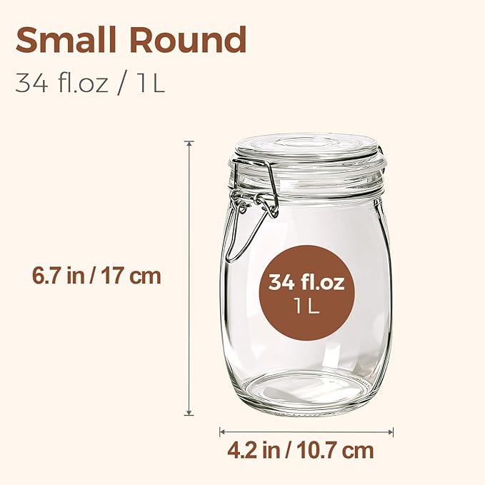 ComSaf Round Glass Jars with Airtight Lids 34 oz 3 Pack Apothecary Coffee