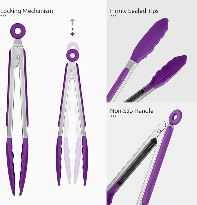 U-Taste Kitchen Tong for Cooking, 480ºF Heat-Resistant Tps, 9in/Purple