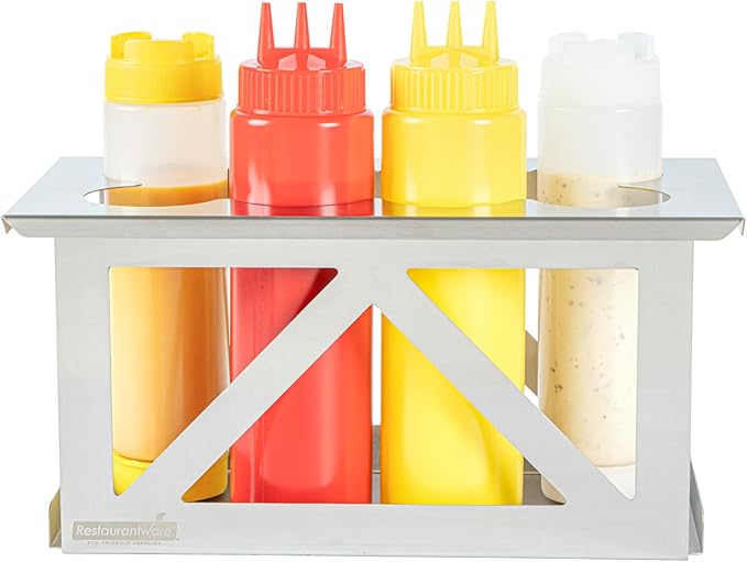Restaurantware Squeeze Bottle Holder 1 Count Fits 1/3 Size Pan 12.79 x 7.09 x 6.26 Inch Stainless Steel Condiment Bottle Organizer - Durable Kitchen Prep Bottle Rack - Silver