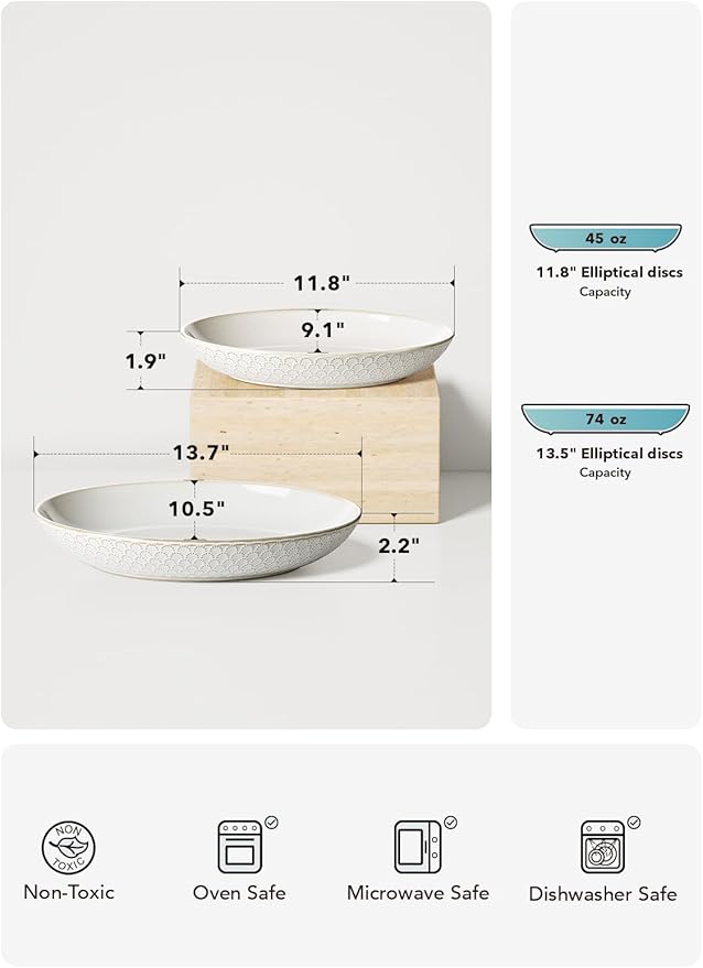 LE TAUCI Ceramic Serving Bowls Set of 2, Large Serving Dishes for Entertaining, 11.8 & 13.7 Inch Oval Serving platter, Salad Fruit Bowl, Pasta Bowls, Microwave & Dishwasher Safe - Arctic White