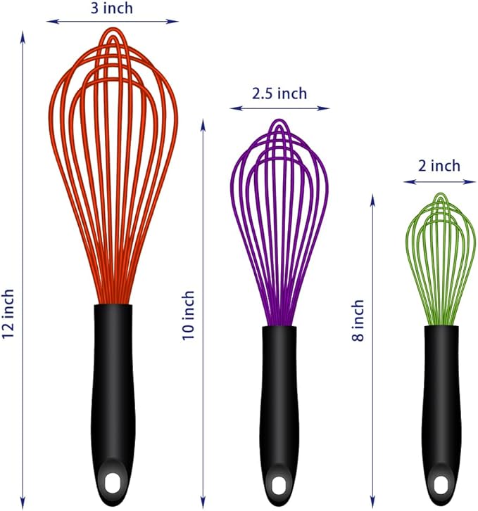 OYV Silicone Whisk Set of 3, 8/10/12 Inch, Dishwasher Safe,Red/Purple/Green