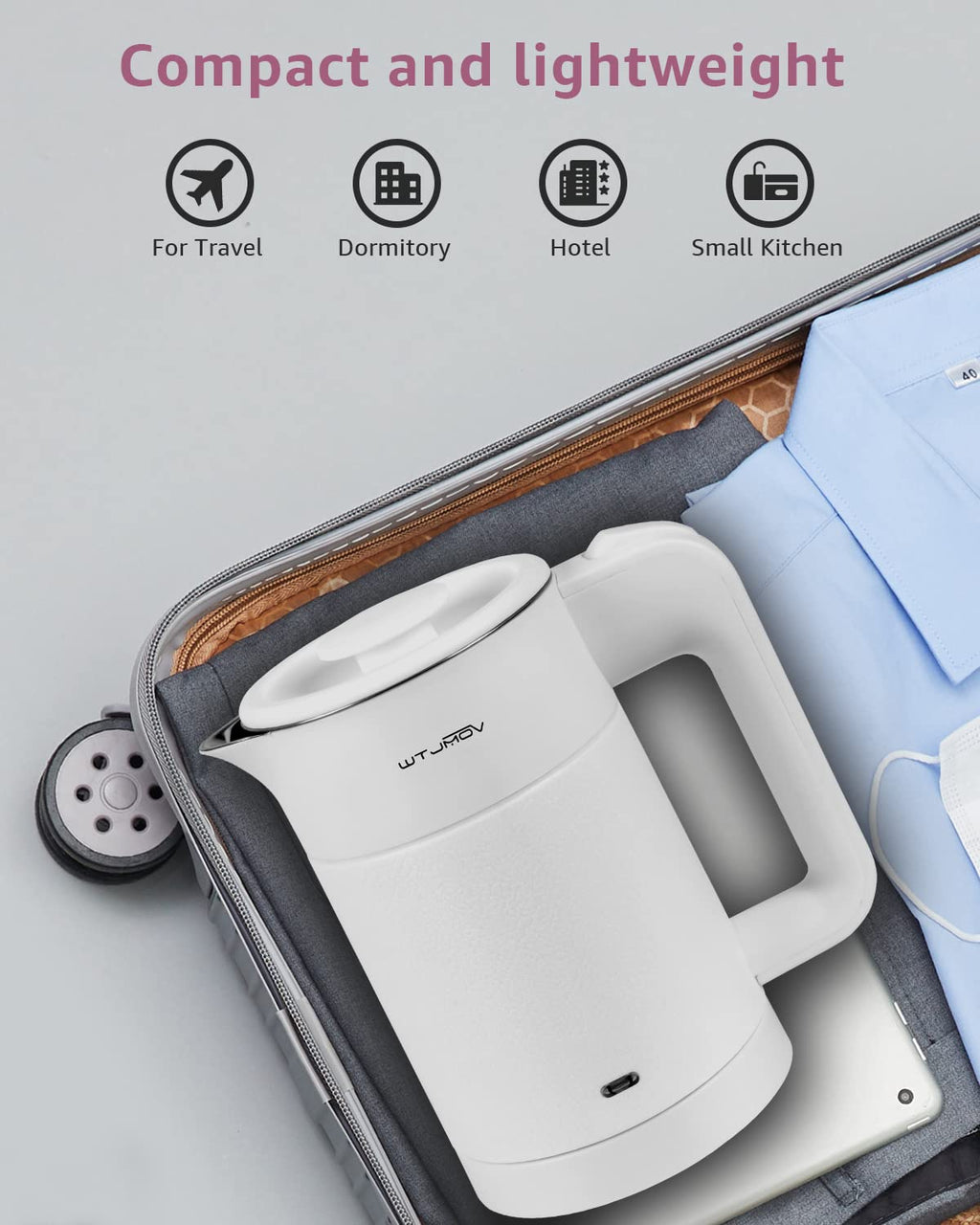 WTJMOV 0.6L Small Electric Tea Kettle Lightweight, 20 Ounce Double Wall Hot Water Boiler Stainless Steel Auto Shut-off, 120V Portable Travel Electric Kettle Fast Boil for Tea and Coffee,White