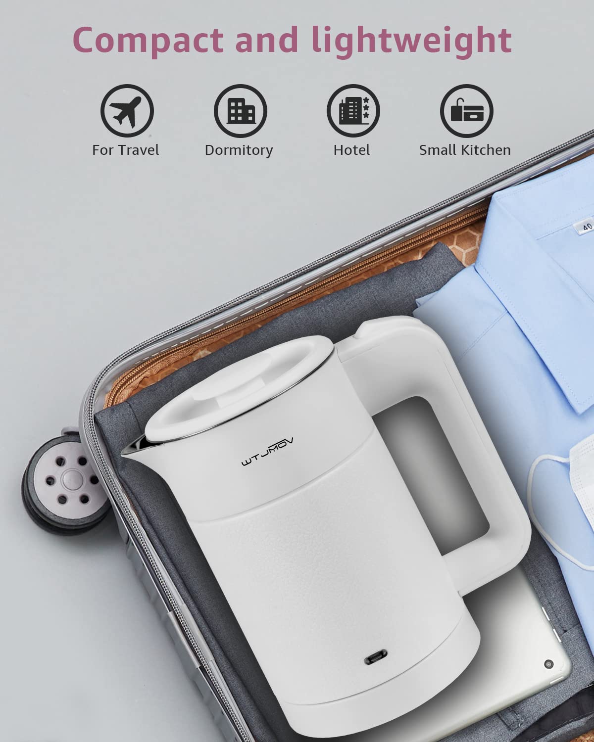 WTJMOV 0.6L Small Electric Tea Kettle Lightweight, 20 Ounce Double Wall Hot Water Boiler Stainless Steel Auto Shut-off, 120V Portable Travel Electric Kettle Fast Boil for Tea and Coffee,White