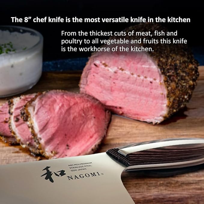 [NAGOMI] 8 inch Chef Knife | Stainless Steel HRC58 Professional Japanese Kitchen Cooking Knife with Ergonomic Handle for Thick Meat and Fish | Stylish Gift Box
