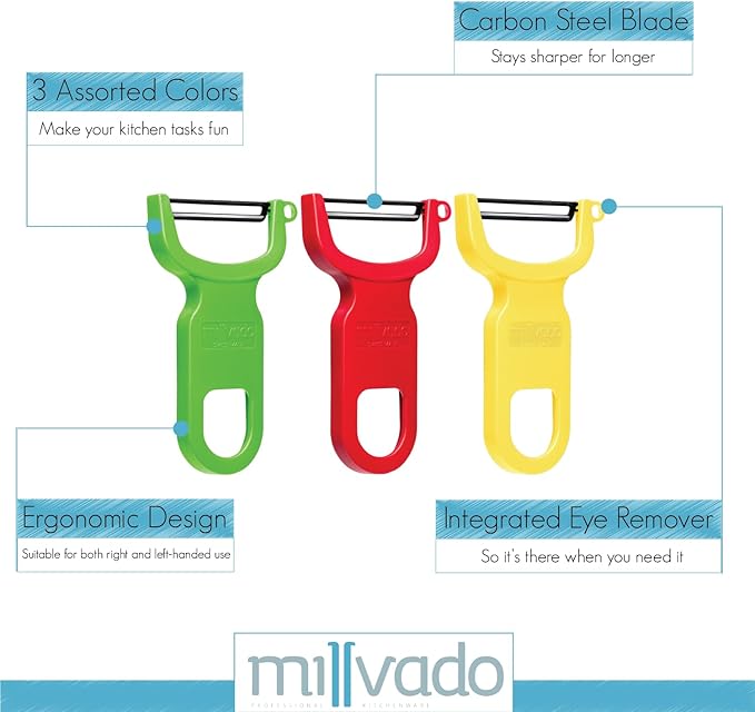 Millvado Vegetable Peeler, Swiss Made Sharp Peelers for Kitchen, Set of 3, Y Peeler for Potatoes, Vegetables, Fruits, Carbon Blade, 4.25 Inches, Green, Red, Yellow, M-5101-G-R-Y
