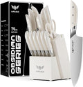 Haugo Kitchen Knife Set with Block: 14-Piece German Stainless Steel Full Tang Professional Knife - Comfortable Grip Reduces Hand Fatigue 30% - Dishwasher Safe & Sharpener - White Knife Set for Cooking