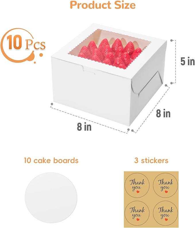 EQOREIIN 10Pack 8 inch Small Cake Boxes with Cake Board and Stickers