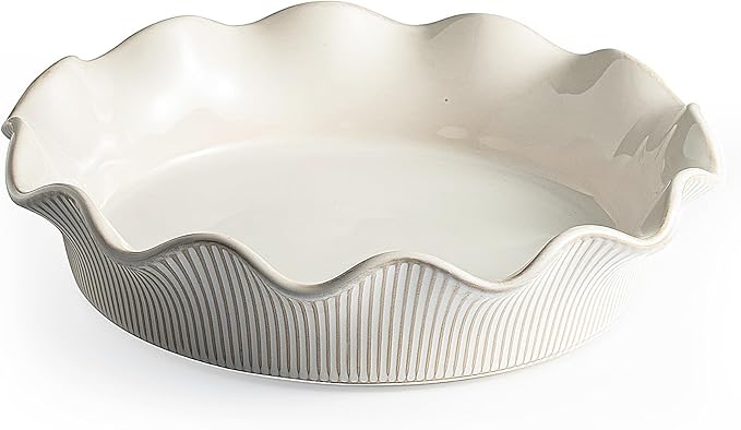 MIKIGEY Ceramic Deep Pie Pan for Baking, 11 inch Porcelain Pie Dish for Apple Pie, Oven & Dishwasher Safe, Farmhouse Decor, 48 Ounce Deep Plate for Kitchen, Non-Stick Pie Pans, Embossed Stripe