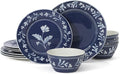Martha Stewart Dinnerware Set- Maiden Crown 12-Piece Sky Blue Dishes – New Bone China Ceramic Plates & Bowls – Floral Design – Service for 4 – Microwave & Dishwasher Safe