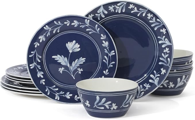Martha Stewart Dinnerware Set- Maiden Crown 12-Piece Sky Blue Dishes – New Bone China Ceramic Plates & Bowls – Floral Design – Service for 4 – Microwave & Dishwasher Safe