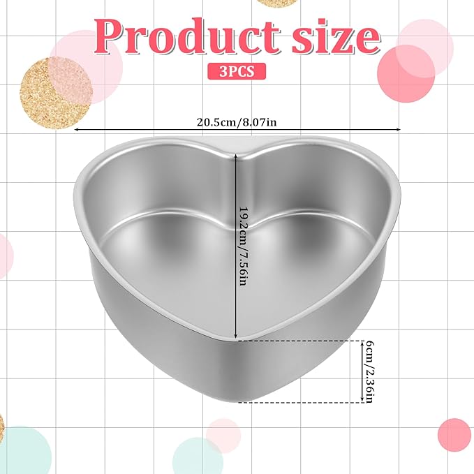 Qulkws 3 PCS 8 Inch Aluminum Heart Cake Molds, Heart Shaped Cake Pans