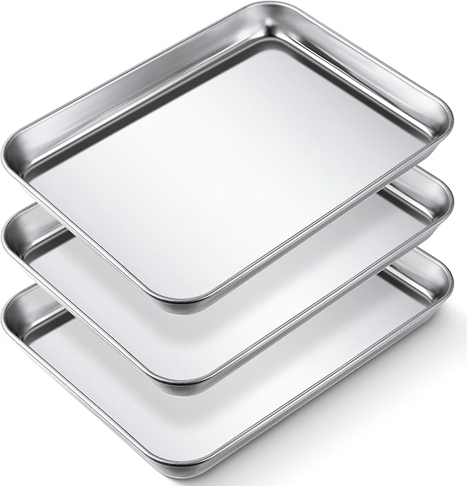 Potchen 3 Pcs Baking Sheet Pan Set Stainless Steel Cookie Sheet Small Toaster Oven Pans Tray Barbecue Grill Pan Rectangle Trays Oven Freezer Bakery, Non-stick, Easy Clean, 9 x 6.7 x 1 Inches