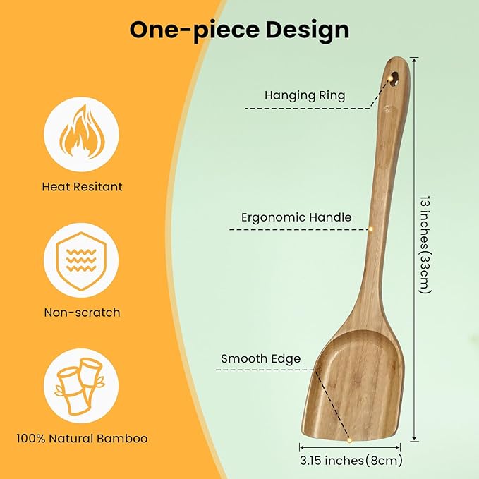 GEEKHOM Flat Wooden Spatula Teak Turners: 13 Inch Bamboo Utensils for Nonstick Cookware, Pancake Fish Egg Flipper, Stirring Serving Scraping 2 PCS