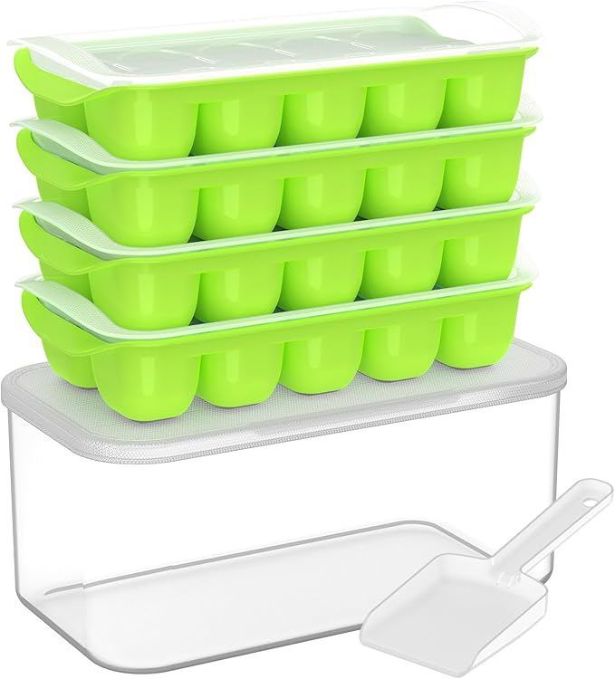 DOQAUS Ice Cube Tray with Lid and Bin, 4 Pack Ice Bucket Kits for RV