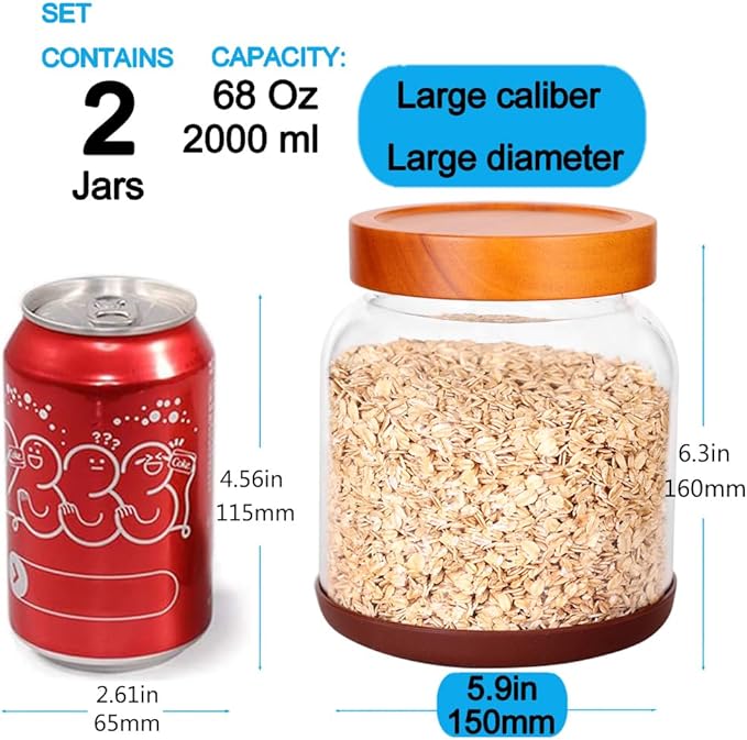 SAIOOL 2-Pack Striped Borosilicate Glass Airtight Canisters - Big mouth Large Capacity, Acacia Wood Lid, Food Storage Jars for Flour, Pasta, Pantry Organization (1/2 Gallon （Strew 2 pack）)