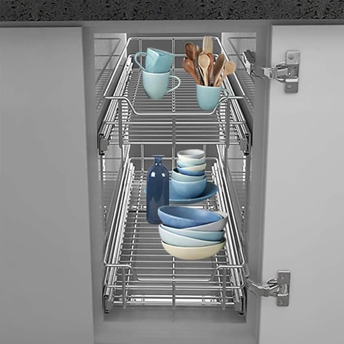 2 Tier Pull Out Cabinet Organizer 11" W X 22" D, Chromed, Full Slide Out
