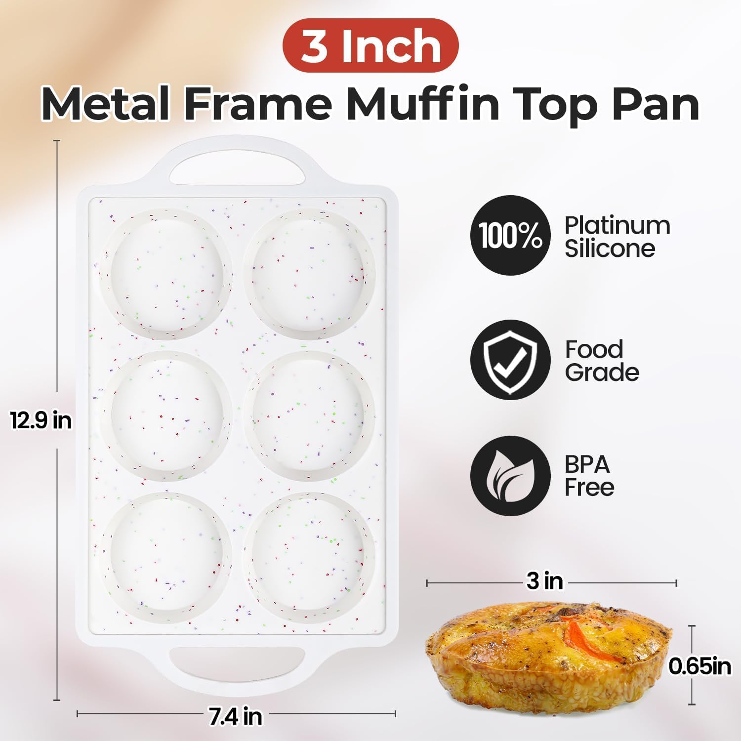 CAKETIME Muffin Top Pan Non Stick, Silicone Egg Molds for Breakfast Sandwiches 3 Inch Round Egg Baking Pan for Oven English Muffins, Whoopie Pies, Corn Bread, Tarts 2 Pack Confetti
