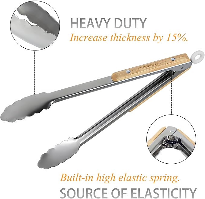 9+12 inch Stainless Steel Kitchen Tongs for cooking with Wood Handle, Set of 2