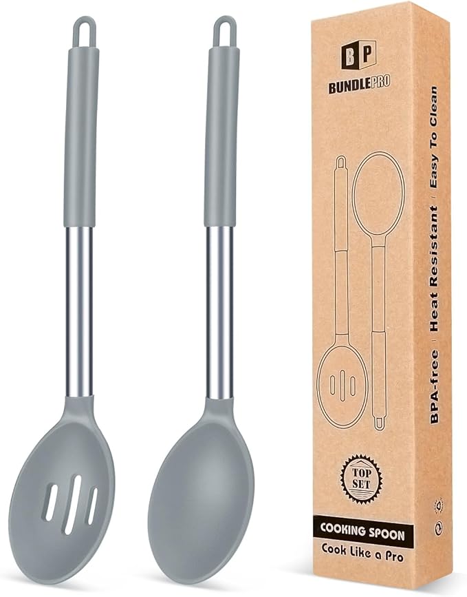 BUNDLEPRO Silicone Cooking Spoons for Non Stick Cookware, 2 Pack, Grey