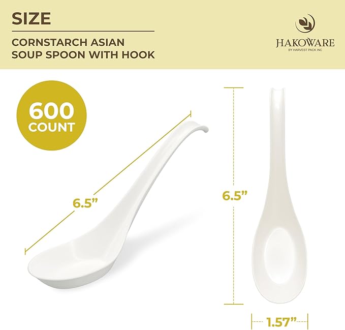 Disposable PLA Cornstarch Asian Soup Spoons with Hook Plastic-Free, 600 PK