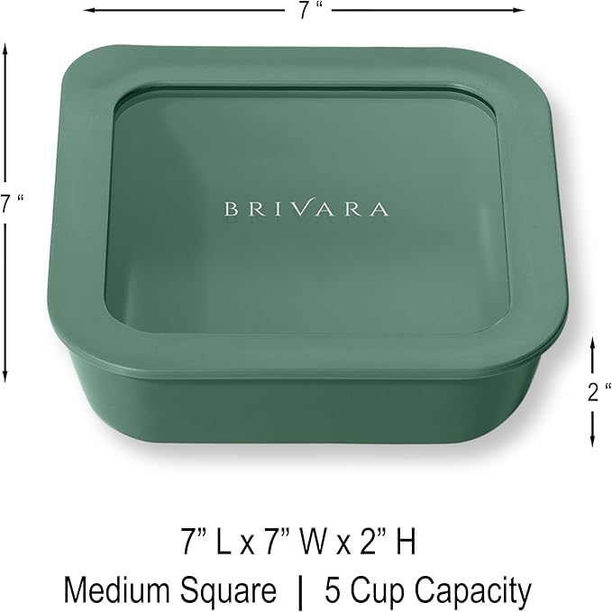 BRIVARA HOME Glass Food Storage Container with Lid, 5-Cup Medium Square | Microwave-Safe Airtight Lid, Oven-Safe Ceramic-Coated Glass | Zero Plastic, No PFAS/PFOA/BPA, Reusable [Pine]