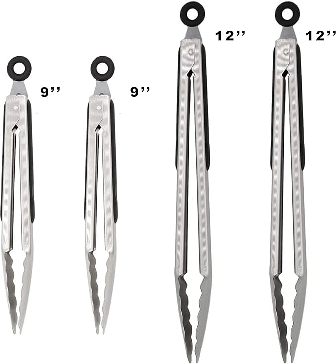 304 Stainless Steel Locking Kitchen Tongs, 9 & 12 Inch, 4-Piece, Black