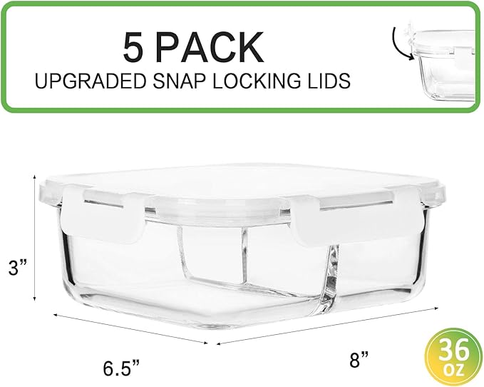 M MCIRCO 5 Pack,36 oz, 3 Compartments Glass Meal Prep Containers with Lids