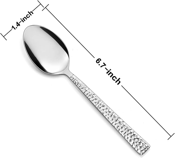 E-far Teaspoon Set of 12, 6.7 Inch Hammered Stainless Steel Spoons for Kitchen or Restaurant, Non-toxic & Mirror Polished, Squared Edge & Dishwasher Safe