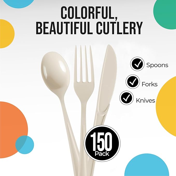 Party Solids Ivory Plastic Silverware Heavy Duty 150 Pieces Ivory Disposable Silverware Heavy Duty, Utensil Sets, 50 Of Each Forks, Knives & Spoons Disposable Cutlery Set For Party Supplies