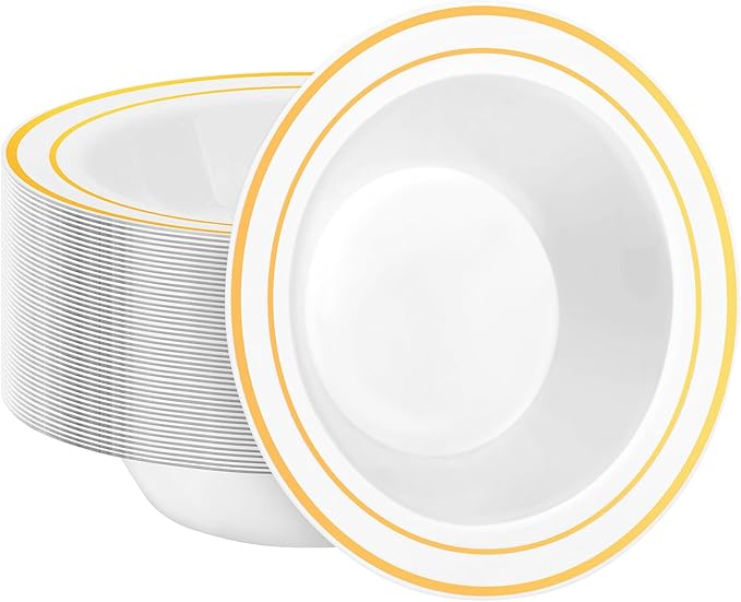BESTSTAR 50 Pack Disposable Soup Bowls with Gold Rim