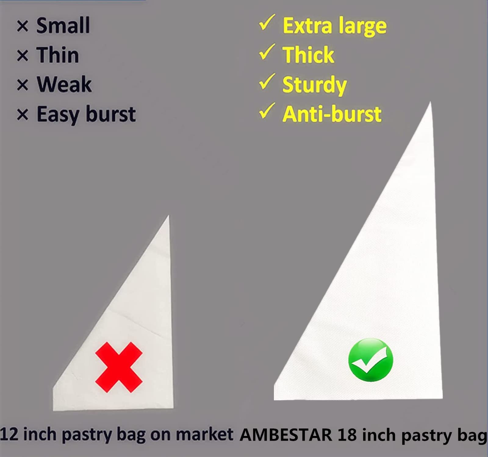 AMBESTAR Disposable Piping Bags 18 inch, 200 Pcs Disposable Piping Bags, Disposable Large Pastry Bags for Cupcake, Cake Disposable Decorating Bags for Frosting