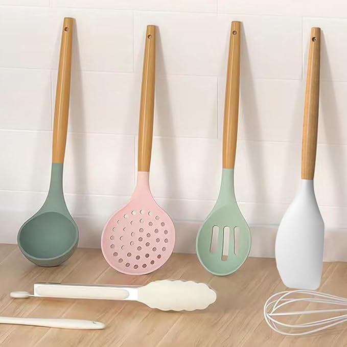 oannao Silicone Cooking Utensils Set - 446°F Heat Resistant Silicone Kitchen Utensils for Cooking,Kitchen Utensil Spatula Set w Wooden Handles, BPA FREE Gadgets for Non-Stick Cookware (Colorful)