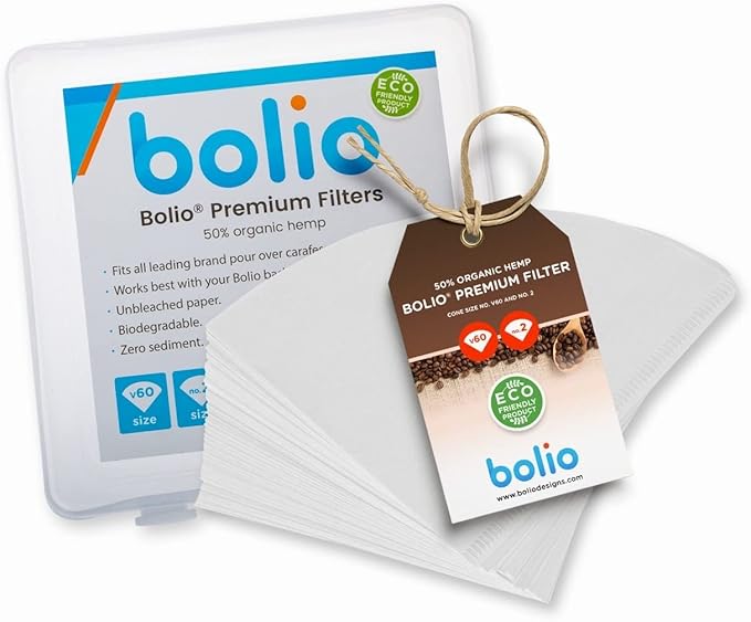Bolio Premium Hemp White Paper Cone Coffee Filters - Peroxide Whitened - Compatible with V60 and All No.2 Size Pour Over Drippers - (Pack of 100)