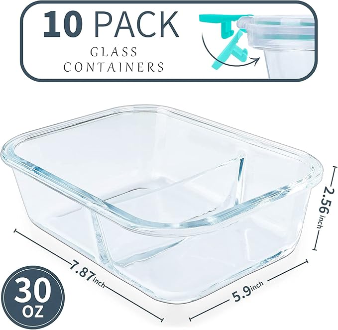 KOMUEE 10 Packs 30oz Glass Meal Prep Containers 2 Compartments, Green